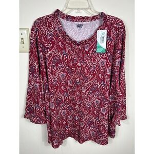 Lands' End Paisley Patriotic Top Women 3X Red Tencel Cotton Stretch Ruffle Comfy